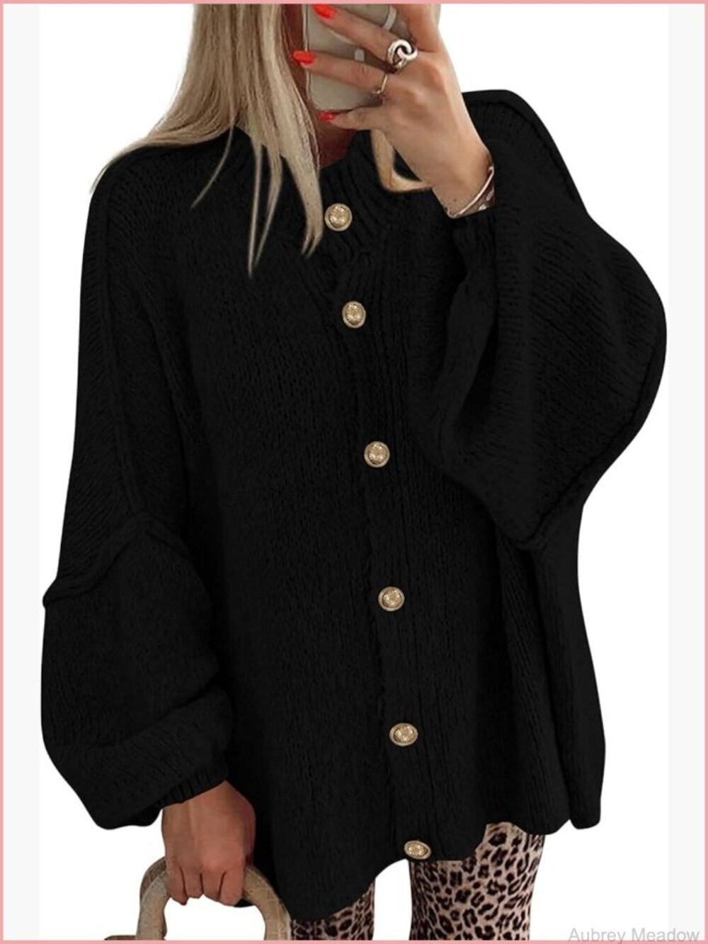 Chunky Knit Oversized Lantern Long Sleeve Button Front Cardigan